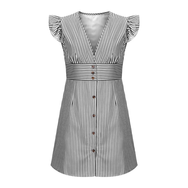 LOVZFMLL Robe d'Été pour Femme à Encolure Aguichant, Rayée, à Boutons, à Manches Courtes, Bleu Foncé, L