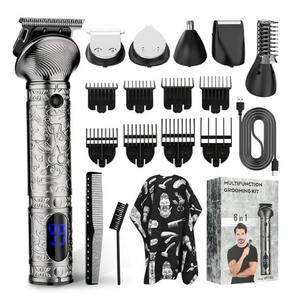 6-IN-1 Men's Grooming Kit Hair Clipper Set Beard Shaver Electric Body Hair Trimmer Nose Trimmer Haircut Kit Engraving Cutter with Guide Combs Type-C Rechargeable