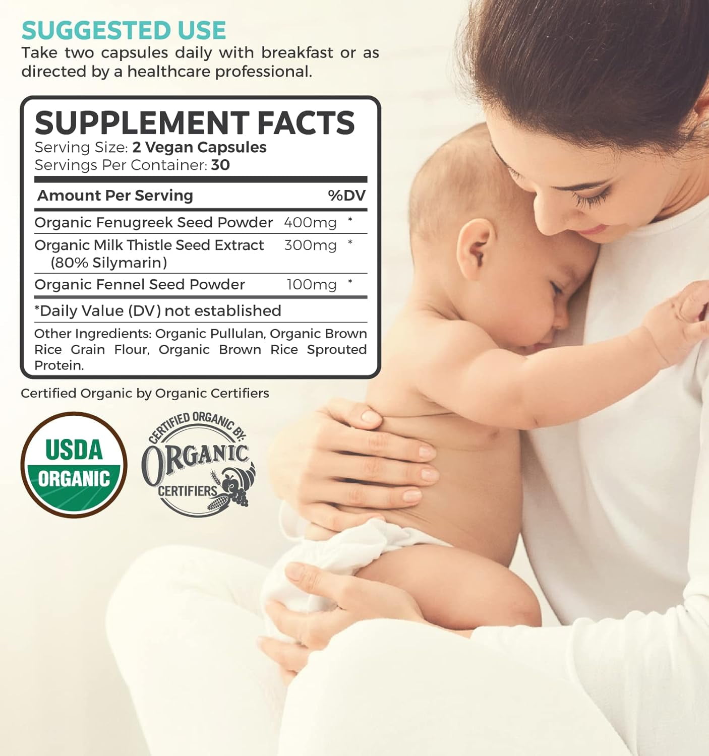 Pure Mom Organic Lactation Supplement with Milk Thistle, Fenugreek Seeds, and Fennel, 60 Capsules
