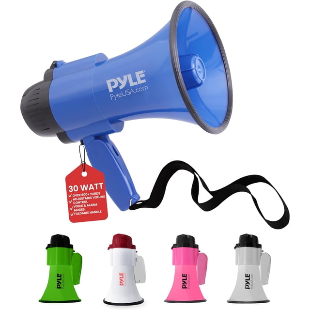 Megáfono Altavoz Ligero 30W Pyle, Bullhorn con Volumen Ajustable, Sirena Incorporada, Alcance de 800 Metros, Ideal para Deportes en el Exterior, Animación y Eventos, Azul