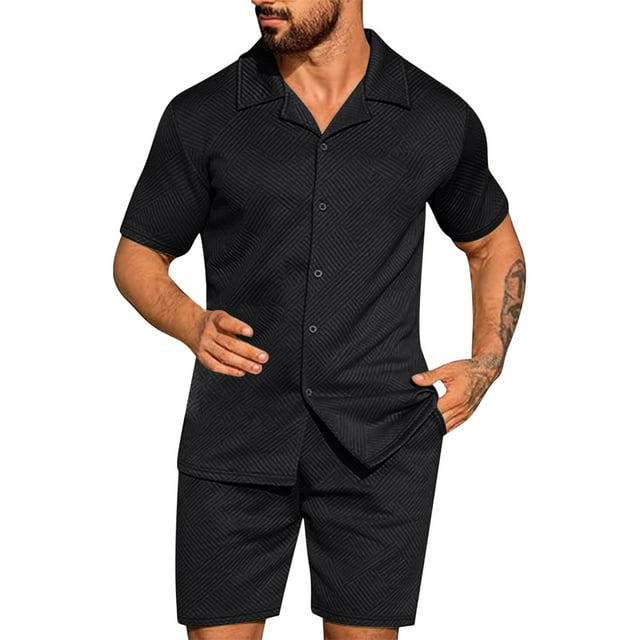 NTACZA Shorts Set Men's Button Down Short Sleeve Tracksuits Men's Solid Casual Sweatsuits M