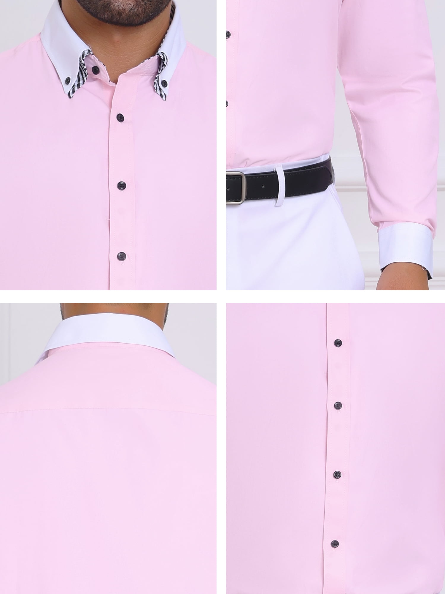 DARING DIVA Men's Contrasting Color Collar Long Sleeve Button Down Shirts S Pink