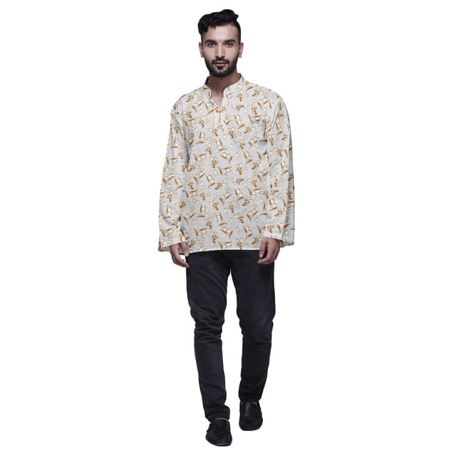 Atasi Kurta Traditionnelle en Coton Imprimé Col Mandarin pour Hommes Chemise Décontractée