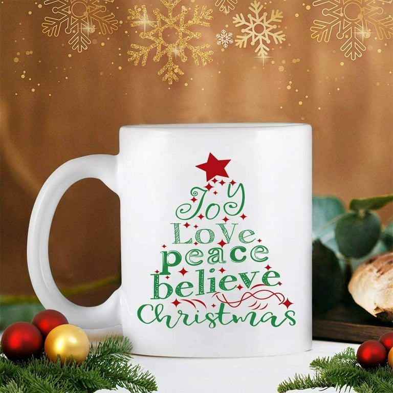 Christmas Coffee Mug, Christmas Theme Coffee Cup with Joy Love Peace  Believe Merry Christmas Tree, Christmas New Year Holiday Gifts for Friends  Family 11 Ounce White Christmas Mug 