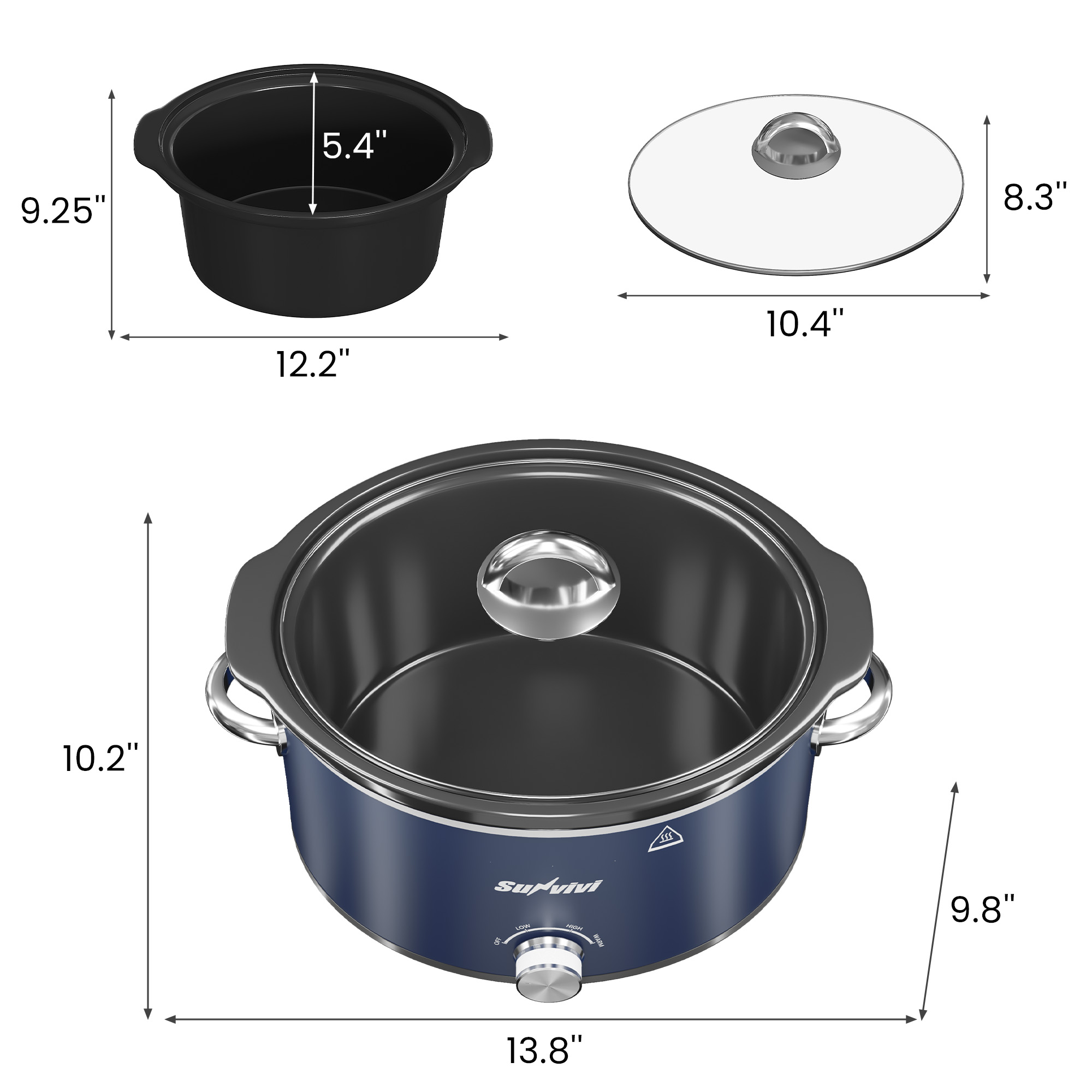 Sunvivi 4QT Compact Slow Cooker & Food Warmer with 3 Temperature Settings, Removable Ceramic Pot, Dishwasher-Safe Glass Lid, Stainless Steel - Blue