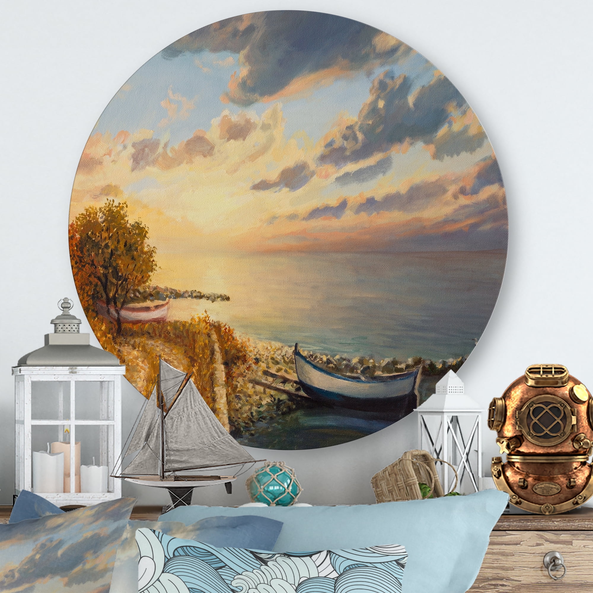 Designart 'Romantic Morning By The Sea' Nautical & Coastal Circle Metal Wall Art 23x23 - Disc of 23