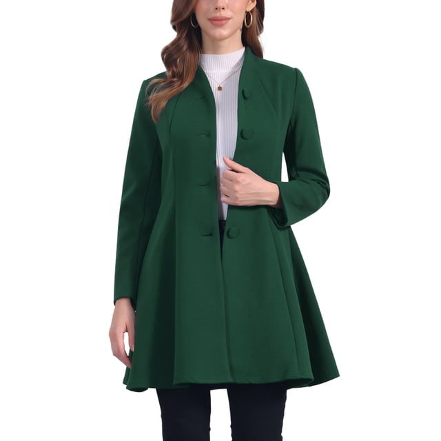 Abrigo de invierno para mujer INSPIRE CHIC, corte A, de manga larga, con botonadura simple, dobladillo peplum, largo, talla XS, verde oscuro