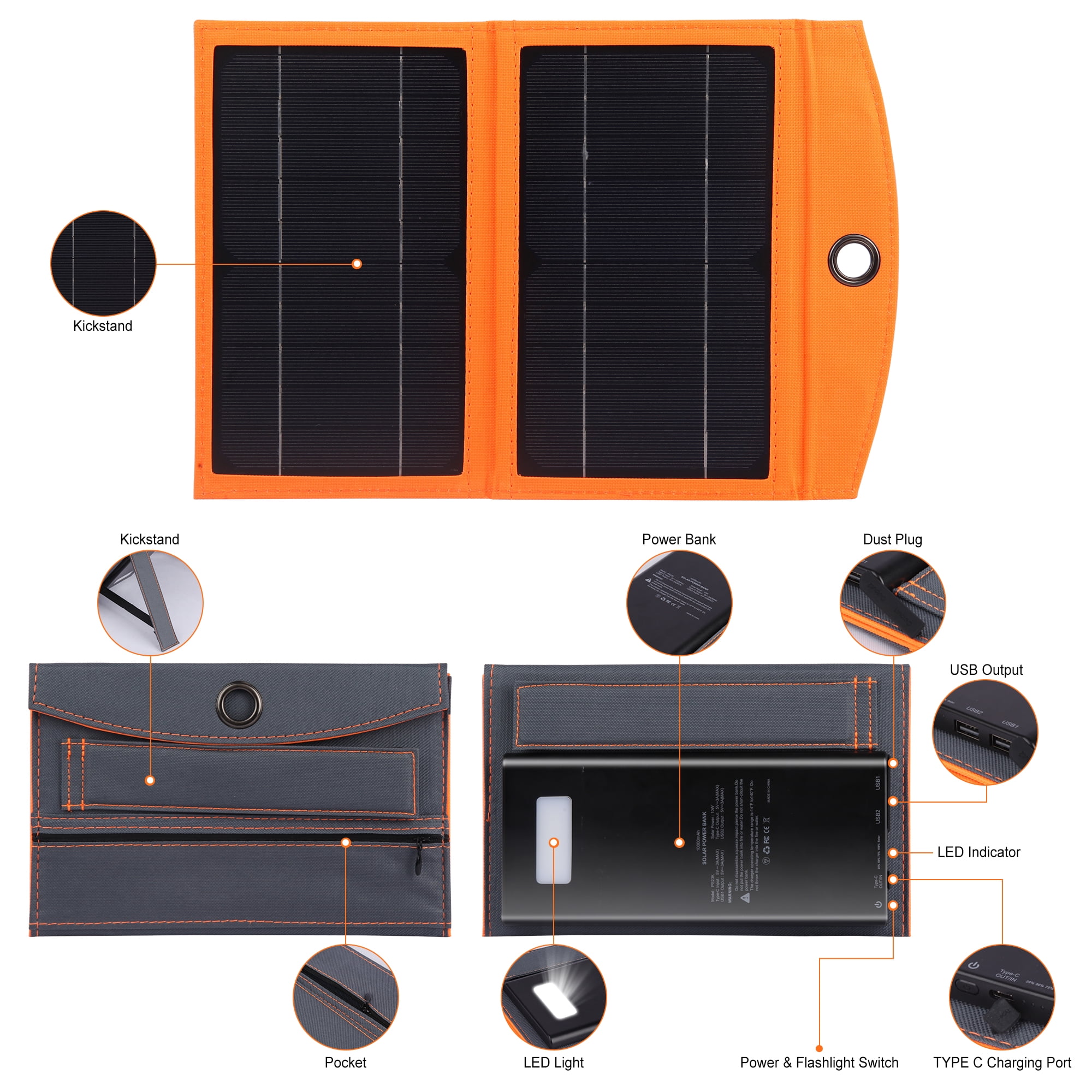 OWNTECH Solar Charger, 20000mAh Outdoor Waterproof Portable Power Bank，5V USB Ports Output for Smartphones iPhone Tablets Outdoor Camping Hiking (Orange)