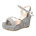 thumbnail image 5 of Rokment Womens Sparkling Sequin Platform Wedge Dressy Sandals Bling Metallic Stylish Casual Open Toe Ankle Strap Chunky Ultra Heeled Dress Summer Shoes for Bride Weddding Silver Size 9, 5 of 6