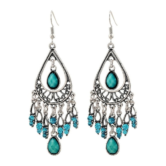 HHBEAUTY Long Retro Tassel Waterdrop Earrings for Women, Fashion Bohemian Boho Hollow with Stone Vintage Statement Green Big Hanging Ethnic Dangle Earrings
