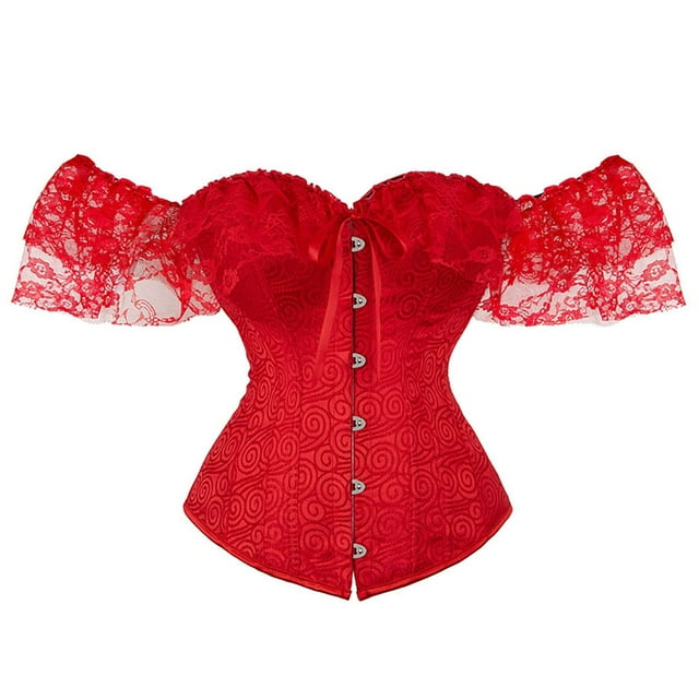Hauts Corset pour Femmes Bustier Rétro à Armatures avec Laçage Élégant Satin Manches Courtes Floral Rehausseur Moulant Gaine pour