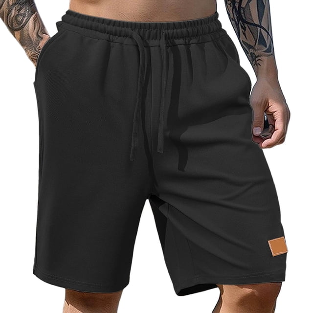 Pantalones cortos de playa informales para hombre con cintura elástica y cordón de 5 pulgadas - Poliéster de color liso con bolsillos