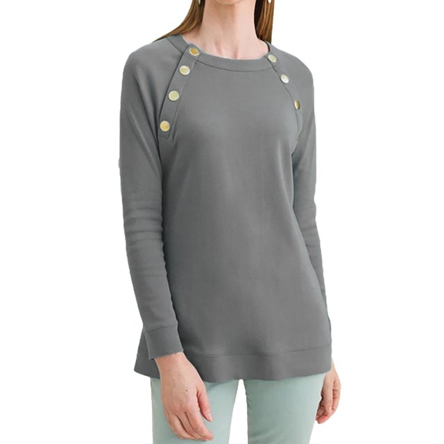 Sudadera con Capucha de Manga Larga para Mujer Cuello Redondo Top de Mujer de Color Puro con Botones de Metal para Vacaciones Viajes Compras Escuela Oficina Gris XL
