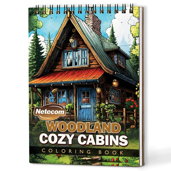 Netecom Woodland Cozy Cabins Coloring Book Spiral Bound for Adults, A5 Wooden Cover, 30 Rustic Coloring Pages with Beautiful Landscapes and Tranquil Natures for Stress Relief and Relaxation