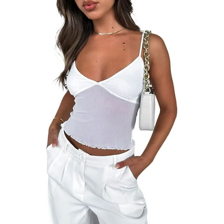 

DanceeMangoos Women Camisole Spaghetti Straps V Neck Tulle Patchwork Slim Fit Summer Tops Party Club
