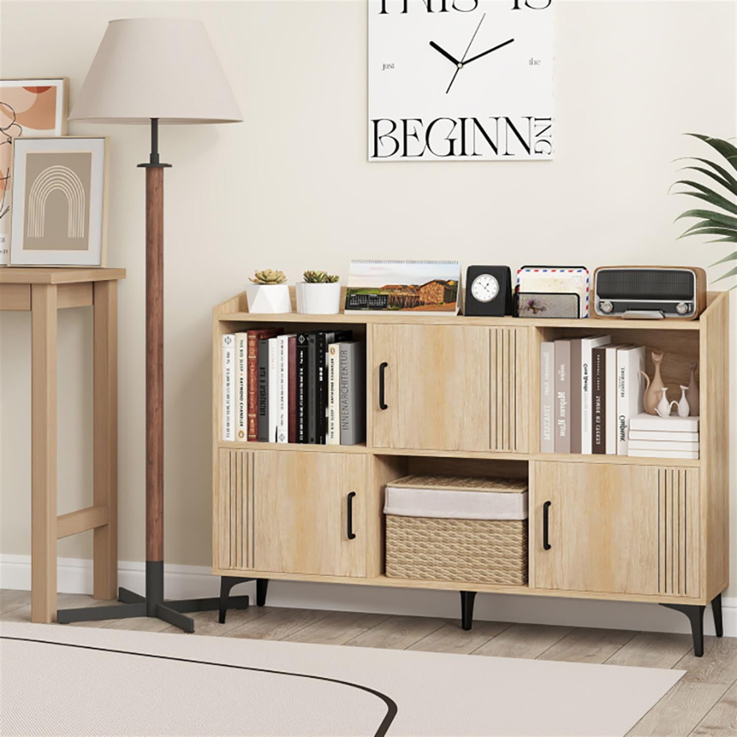 Demi Bonn 47" Sideboard Buffet Cabinet with 3 Doors and Open Compartments, Kitchen Storage Cabinet, Wood Coffee Bar Buffet Table for Dining Room, Beige