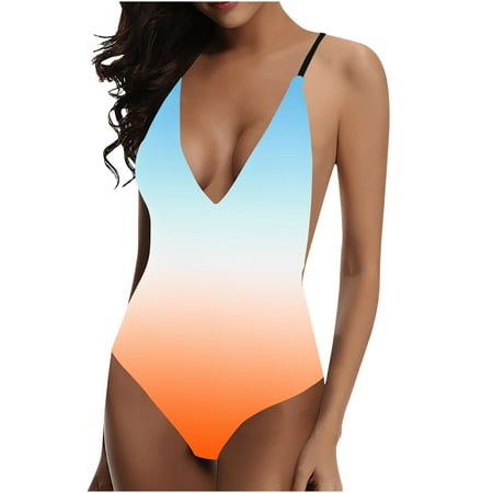 VgaVtl Plus Size Swimsuits for Women One Piece Women Bathing Suit Seamless Gradient Print Bikinis Tummy Control Swimsuits Blue 4XL