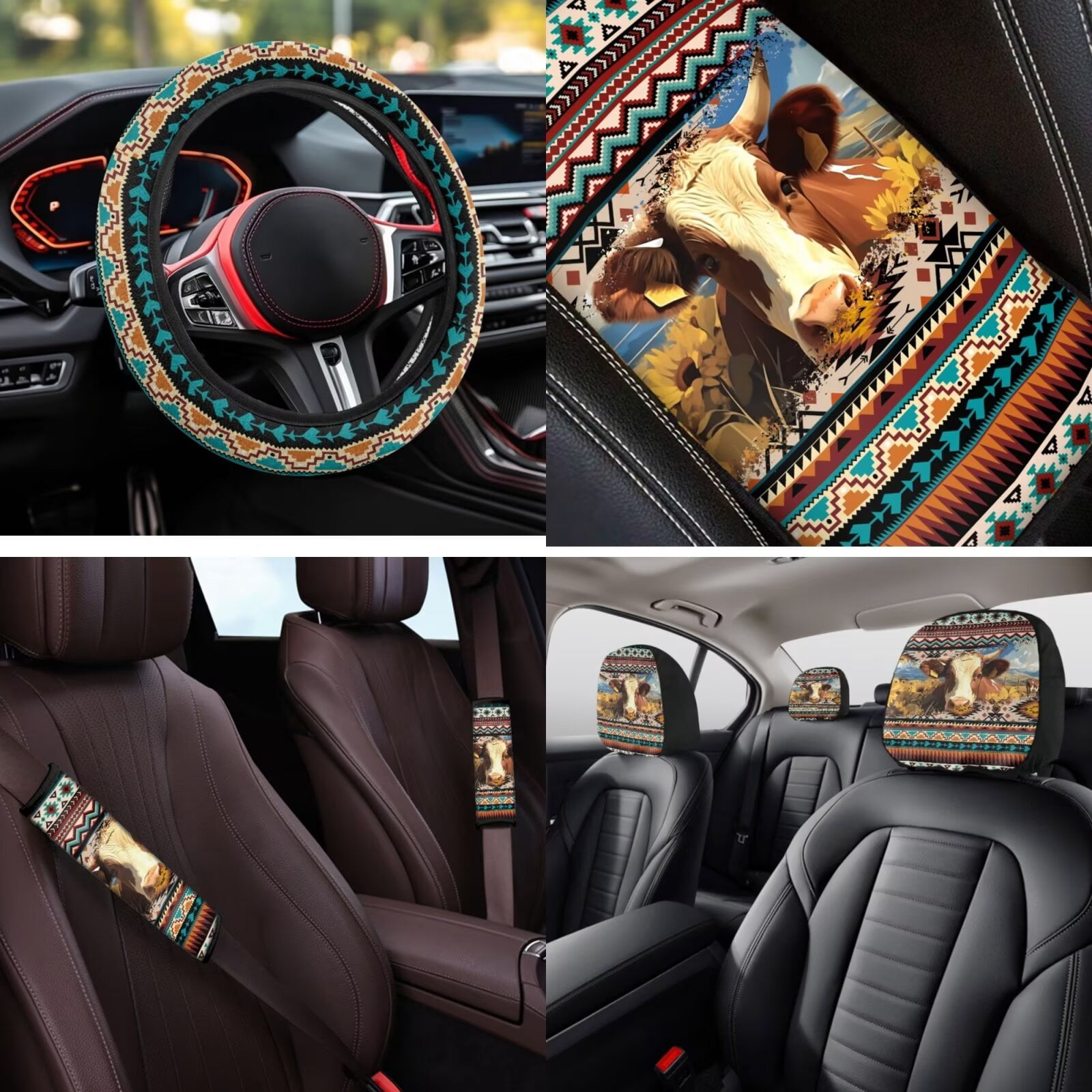 Binienty 14 PCS Aztec Cow Print Vehicle Seat Covers with 15 Inch Steering Wheel Cover Breathable Center Console Cushion Seat Headrest Covers Keychain Vehicle Interior Accessories Set