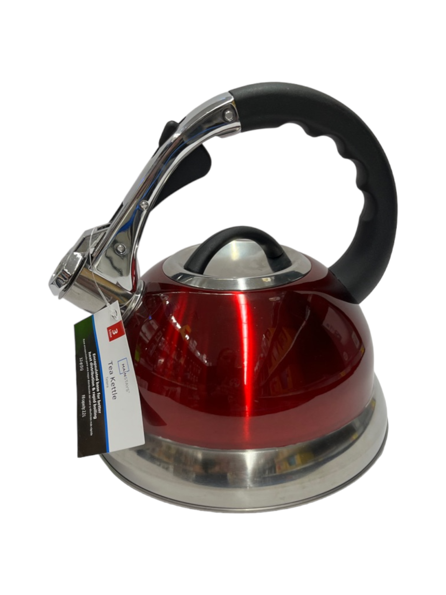 Mainstays 3 Liter Whistling Tea Kettle, Stainless Steel, Red