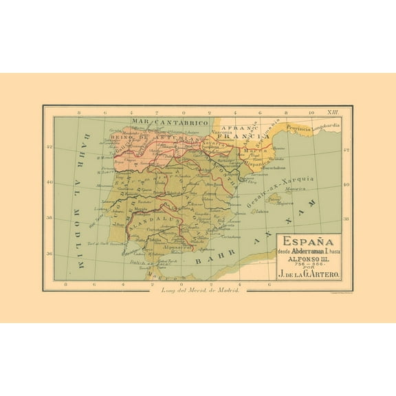 Historic Map - Spain 756 AD to 866 AD - Artero 1879 - 36.30 x 23 - Vintage Wall Art