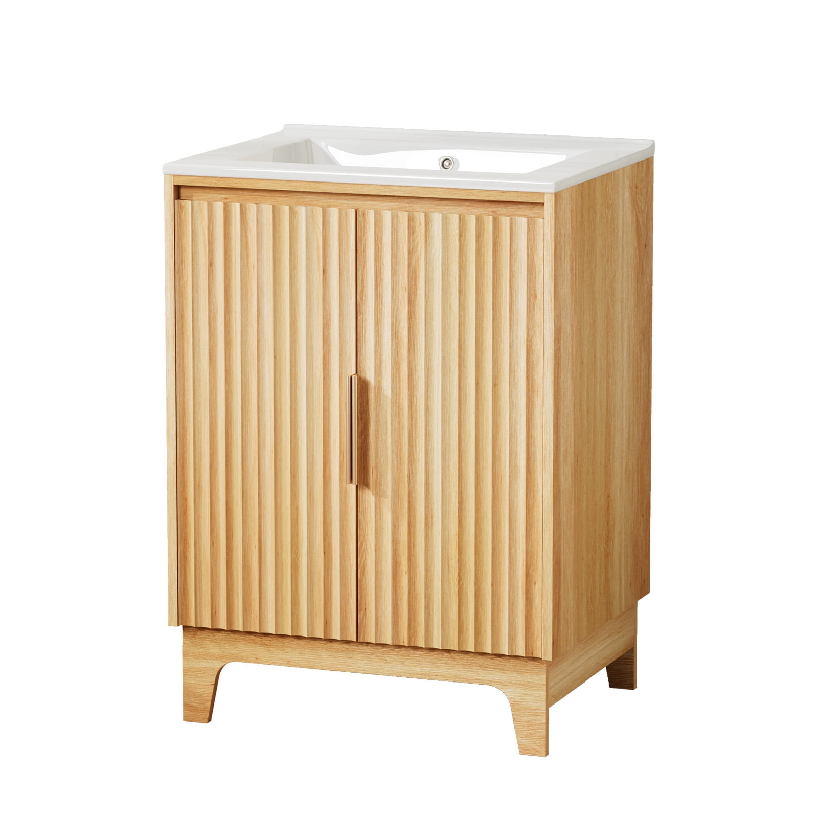 Ktaxon Fluted 24'' Bathroom Vanity Set with Sink Ceramic Top & U - shaped Shelf, Oak (Split Two Packages for Delivery)