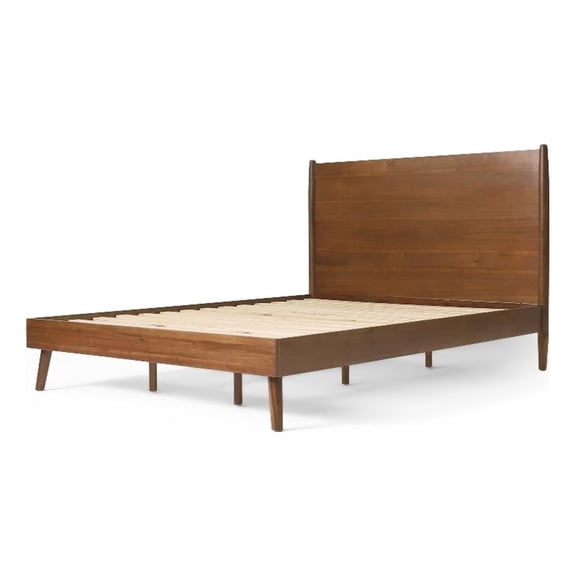Benjara Queen Size Bed- Panel Headboard Design- Rich Brown Acacia Wood
