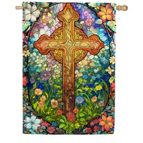 America Forever Easter Cross House Flag 28 x 40 inch Double Sided Glass Style Flowers He is Risen Small Spring Holiday Seasonal Easter Day Flags for Outdoor Yard Lawn Decoration