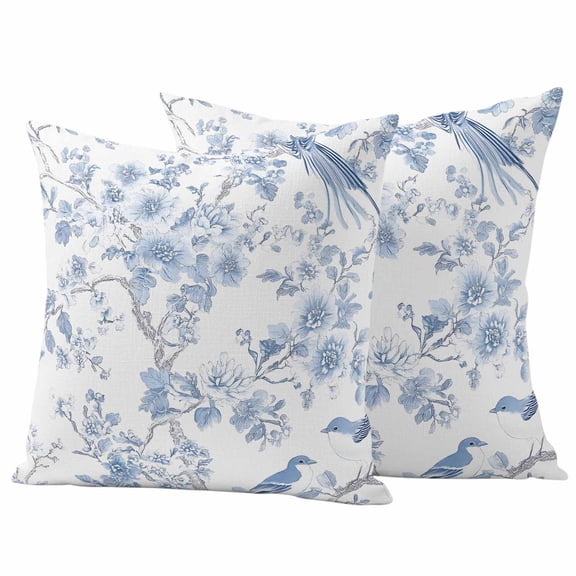 Light Blue Flowers Outdoor Waterproof Pillow Covers, Spring Summer Floral Birds Decorative Square Throw Pillowcase Sofa Cushion Sham for Patio/Couch/Chair, 20"x20" 2 Pack