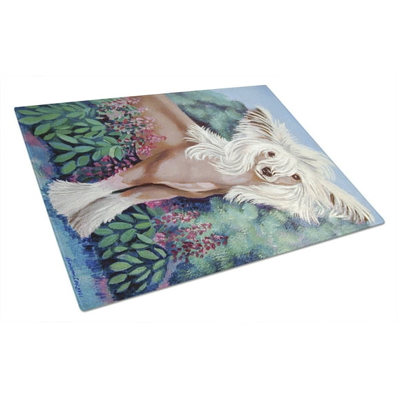 Chinese Crested in flowers Glass Cutting Board Large