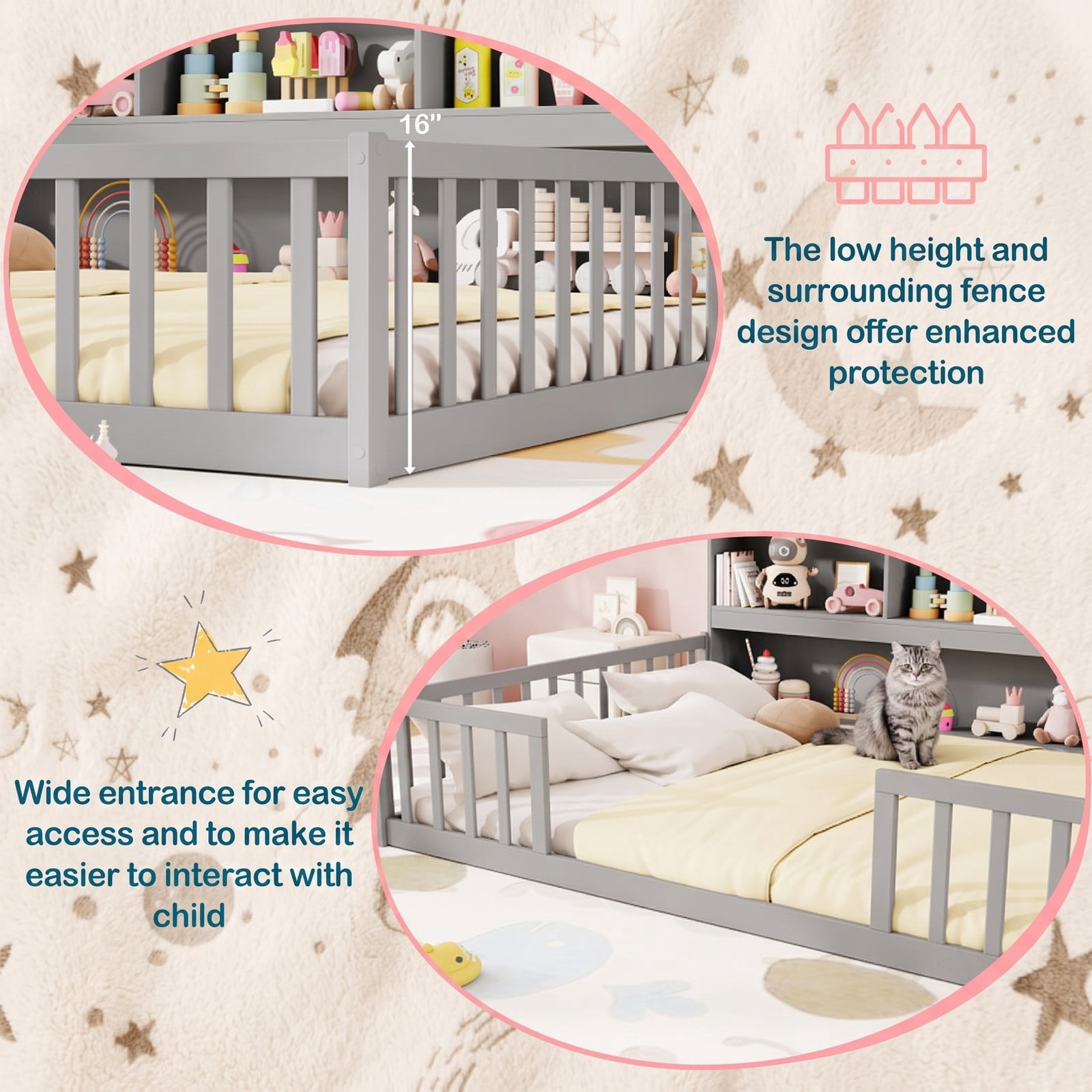 Furnibear Full Size Bed Frame Montessori Floor Bed with Bookcase Headboard and Full Length Fence Rails for Kids Bedroom, Gray