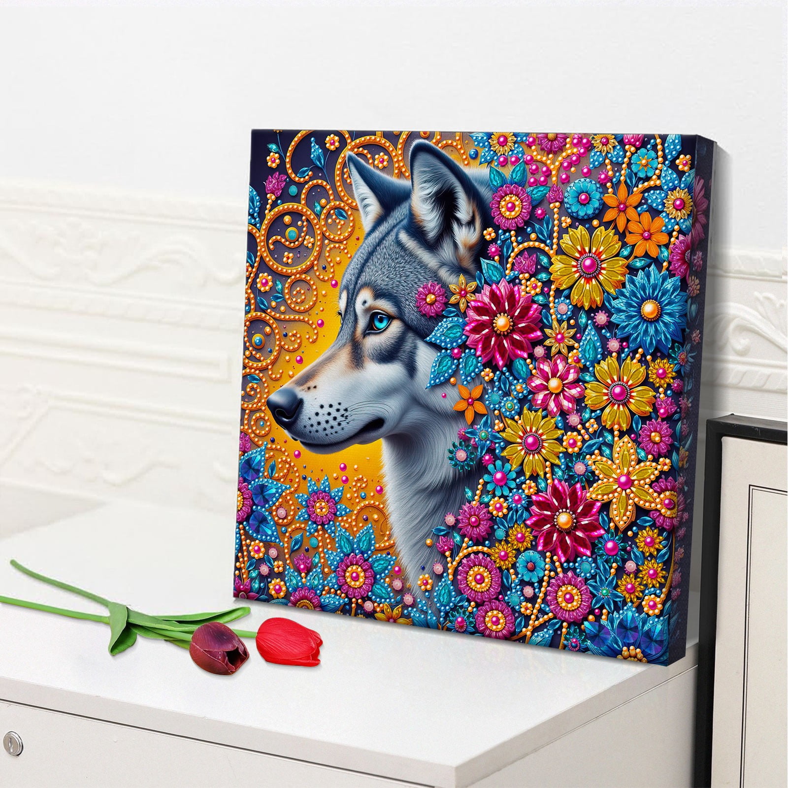 FLOPESN DIY Pearl Painting Kit with Wood Frame, 11.42x11.42 Inch Home Wall Art Decor, Mindful Adult Craft for Stress Relief and Relaxation-Wolf