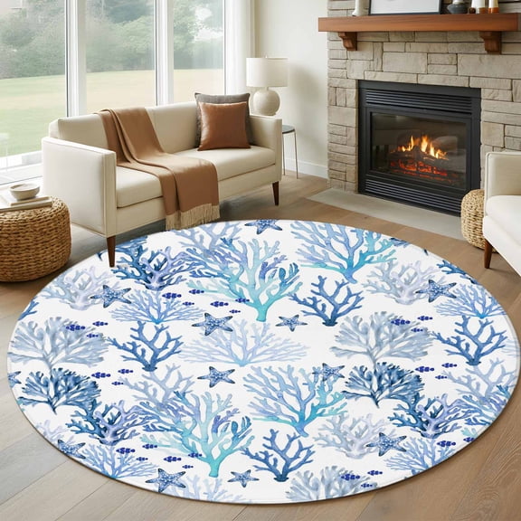 Marine Coral Round Area Rug 8Ft Washable Large Circle Rugs for Living Room Dorm, Coastal Ocean Underwater Starfish Summer Blue Non-Slip Carpet Floor Mats Indoor Outdoor Carpet Runner Home Decor