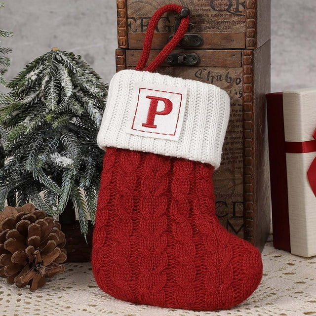 Todaioua Christmas Stockings with Initials, 7 Inches Small Embroidered Letter Knit Red White Christmas Stocking for Family Holiday Decorations and Xmas Tree Fireplace