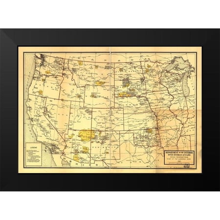 Vintage Maps 14x11 Black Modern Framed Museum Art Print Titled - Indian Reservations West of the Mississippi 1923