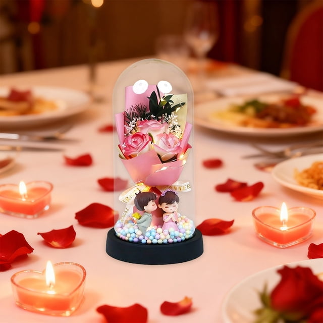 Ramo De Rosas Con Cúpula De Cristal Y Flores De Jabón Mini ramo de 1 set de rosas secas eternas y jabón en cubierta de cristal con luces LED para regalo de cumpleaños, 8.46x4.33x4.33" JASKFLY