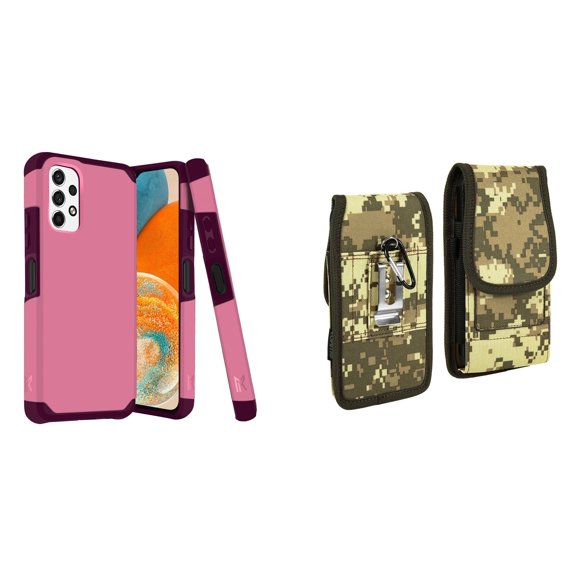 MK Armor Case for Samsung Galaxy A23 5G and Belt Holster Pouch (Pink/ACU Camo)