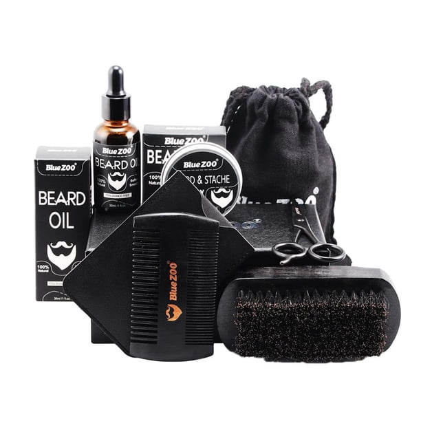 Aceites atención de Barba Kit 7pcs Aceite para Barba, Bálsamo de Barba, de Manera, Tijeras - Negro