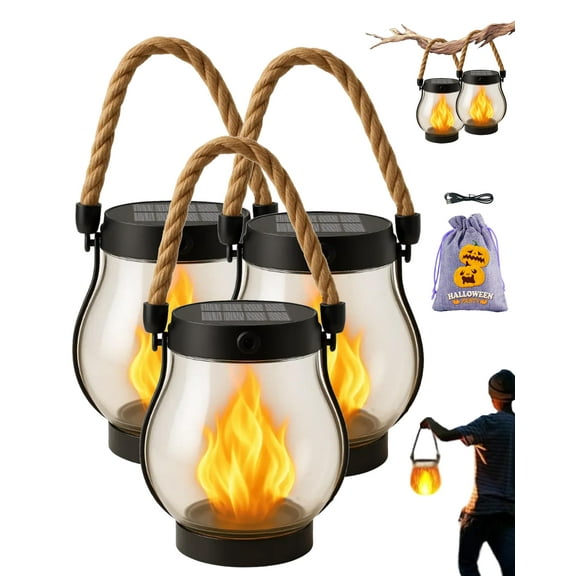 LITUSI Solar Lantern Outdoor Lights, Dancing Flame Solar Lantern Waterproof, Hemp Rope Flame Lamp, for Camping Pathway Yard Patio Porch Garden Decor (3Pcs)