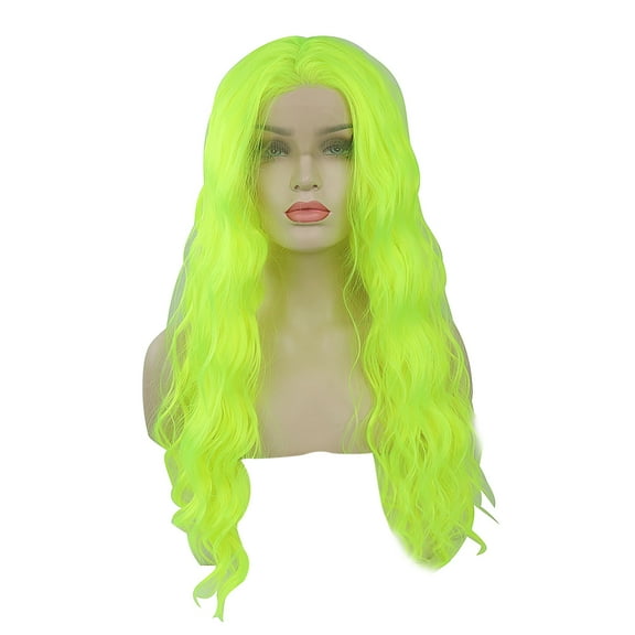 Unique Bargains Lace Front Wigs for Women 24" Fluorescent Green Long Fluffy Curly Wavy with Wig Cap