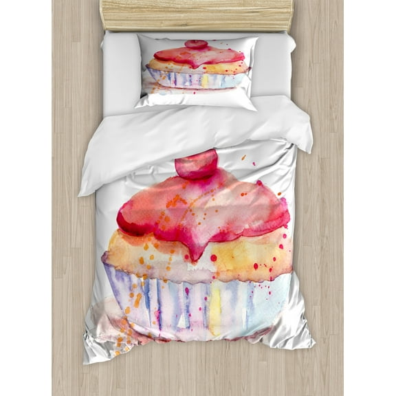 Dessert Twin Size Duvet Cover Set, Ink Splatter Watercolor Illustration of Cherry Sweet Buttercream Frosting Cupcake, Decorative 2 Piece Bedding Set with 1 Pillow Sham, Multicolor, by Ambesonne