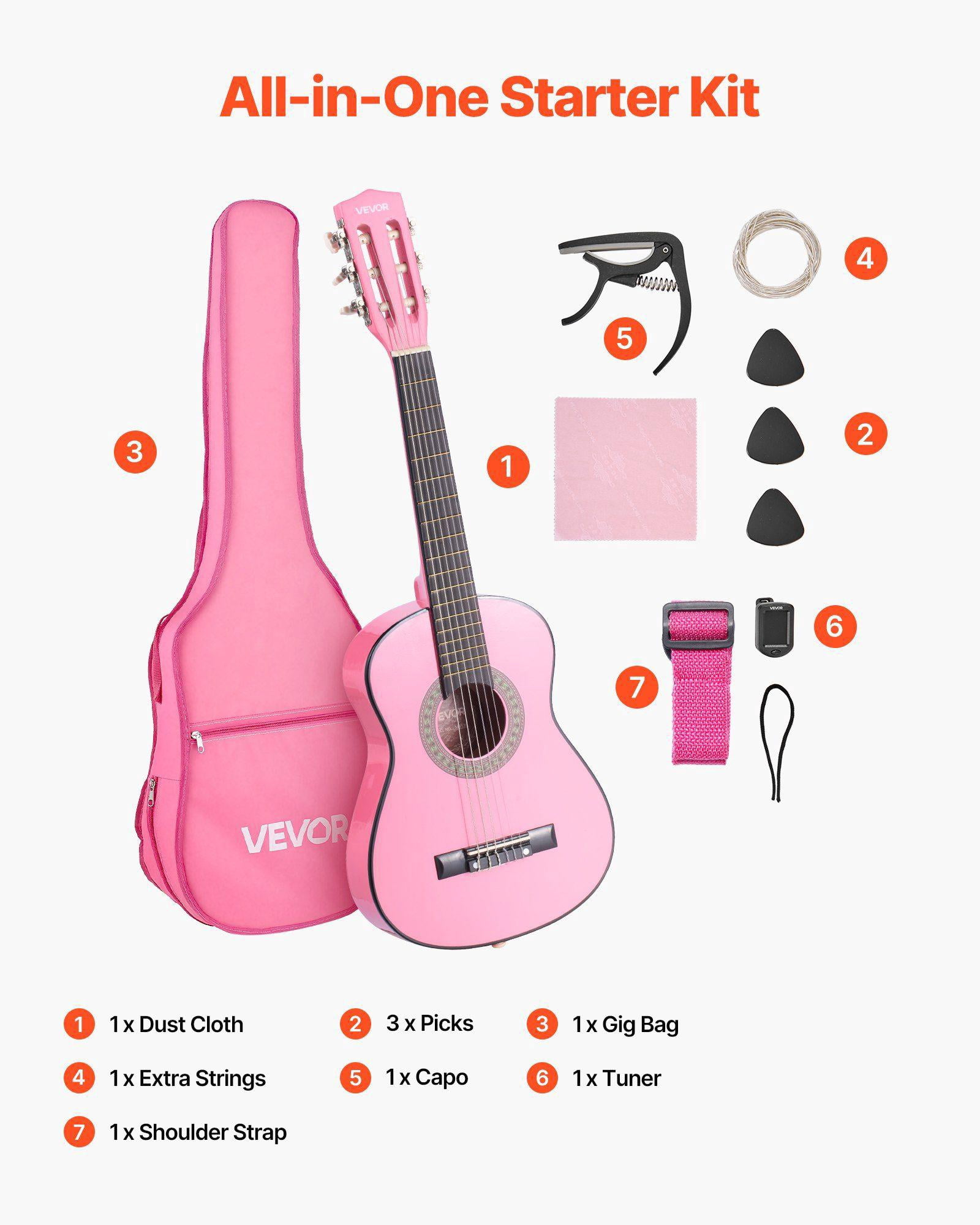 30 Inch Pink Basswood Classical Guitar Starter Kit for Beginners with Nylon Strings Gig Bag Strap Tuner Extra Strings Picks Capo for Kids Girls Boys Students