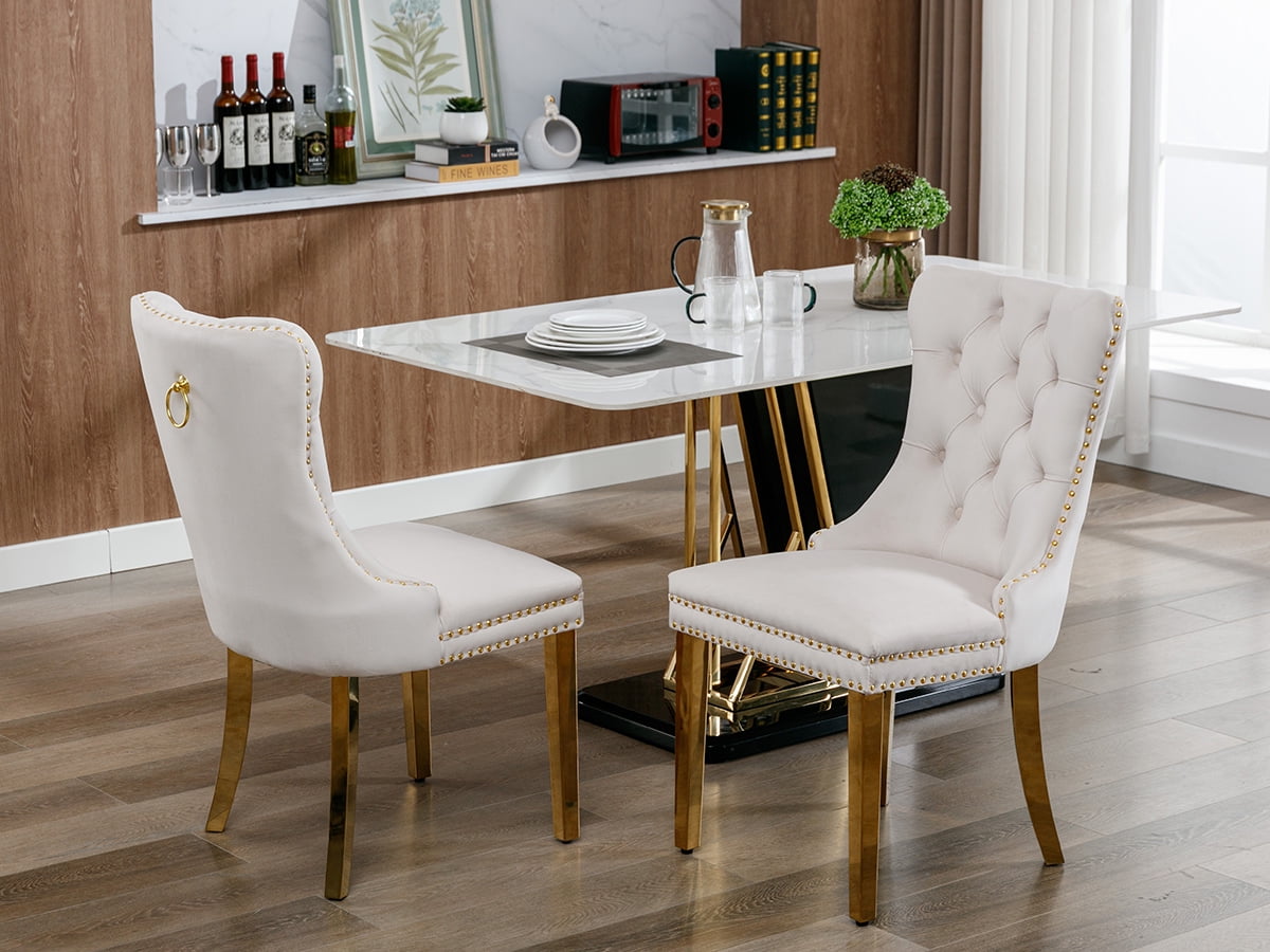 ODUSE-DAILY Beige Velvet Dining Chairs Set of 4, Kitchen & Dining Room Chairs, Nailheads Tufted, Sillas De Comedor, Fabric Upholstered, Golden Metal Legs (Beige, 4 Pcs)