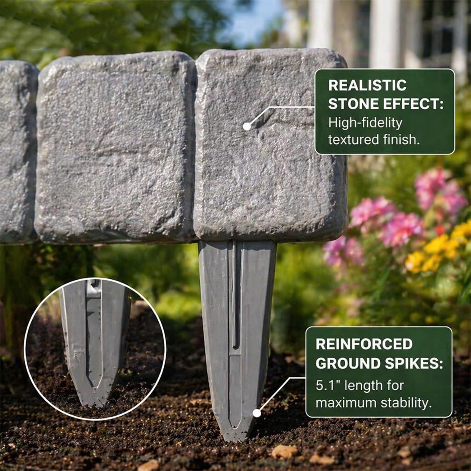 Imitation Stone Garden Fence Plastic Retaining Edging Border Grey Cobbled Effect Landscape Decor Interlocking Decorative Panels Flower Bed Path Lawn Outdoor Picket Yard Grass Edge