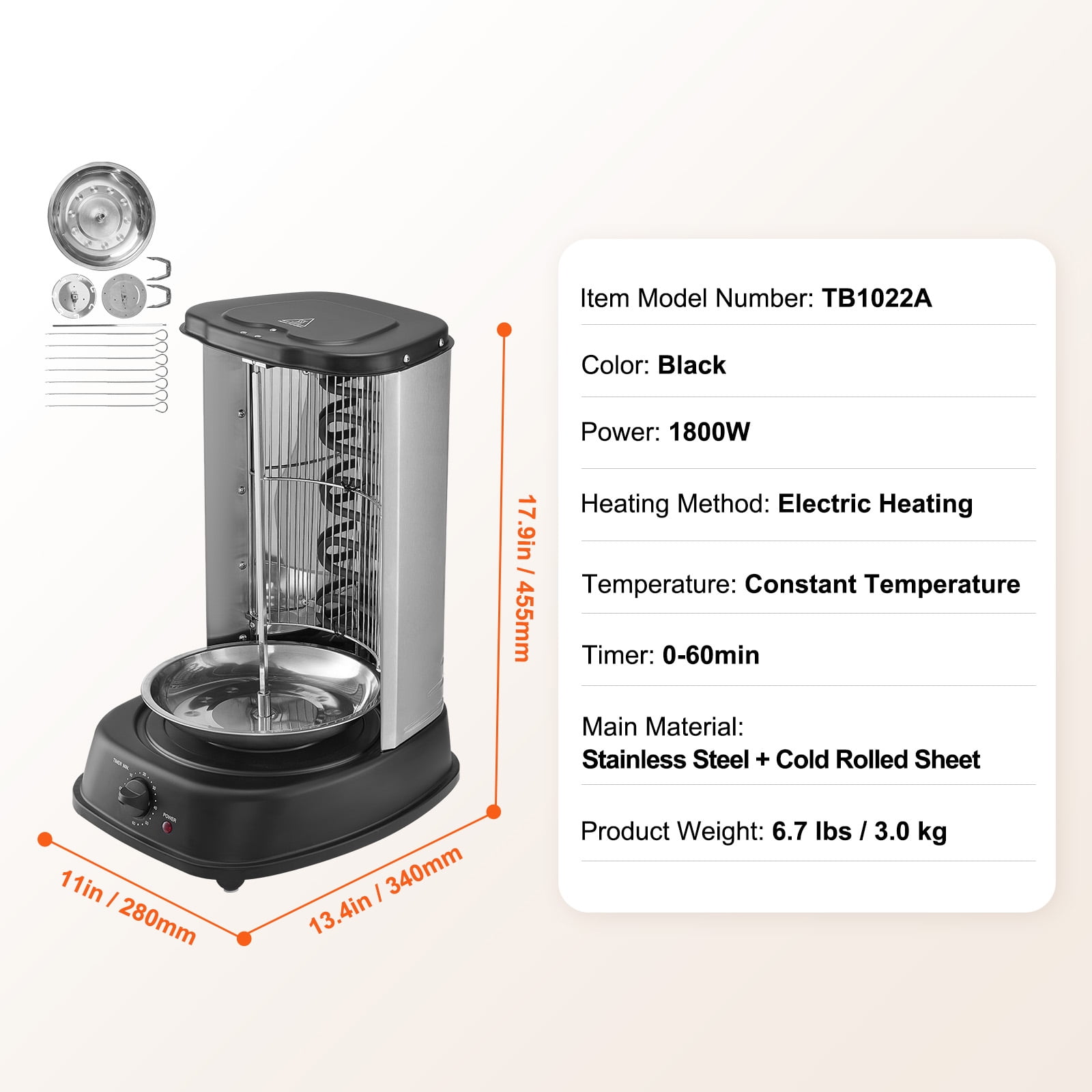 KFFKFF Gyro Grill Appliance, Upright Poultry Cooker for Countertop, Electrically Powered Stainless Steel Roaster, Doner Kebab Equipment, Ideal for Domestic and Commercial Kitchen Gatherings