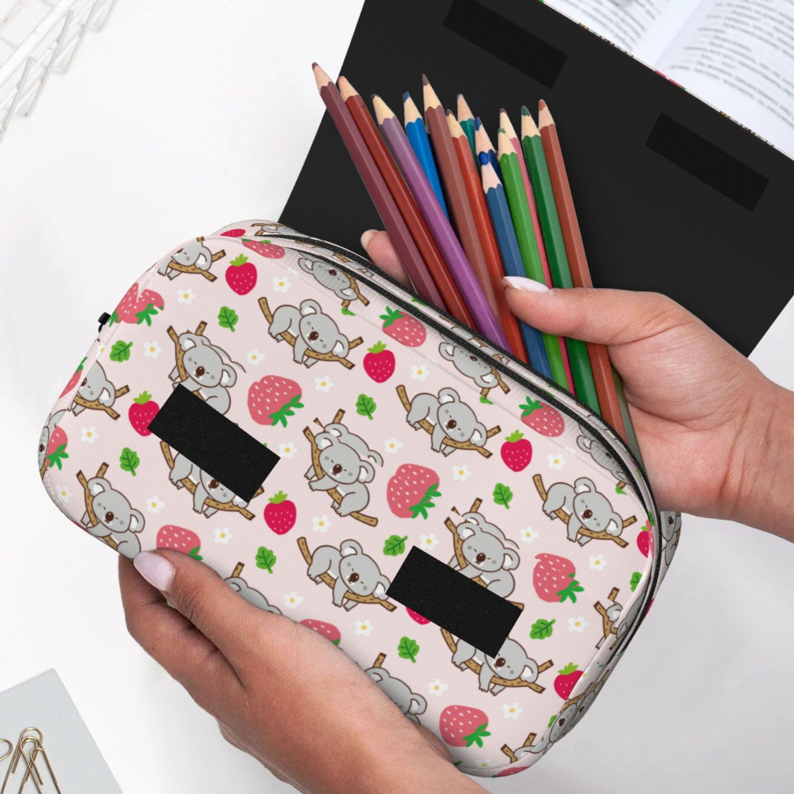 Rateoe Cartoon Koala Bear Pattern Double Clamshell Pen Case, Storage Organizer with Two Zipper Compartments– Holds Up to 50 Pencils & Pens