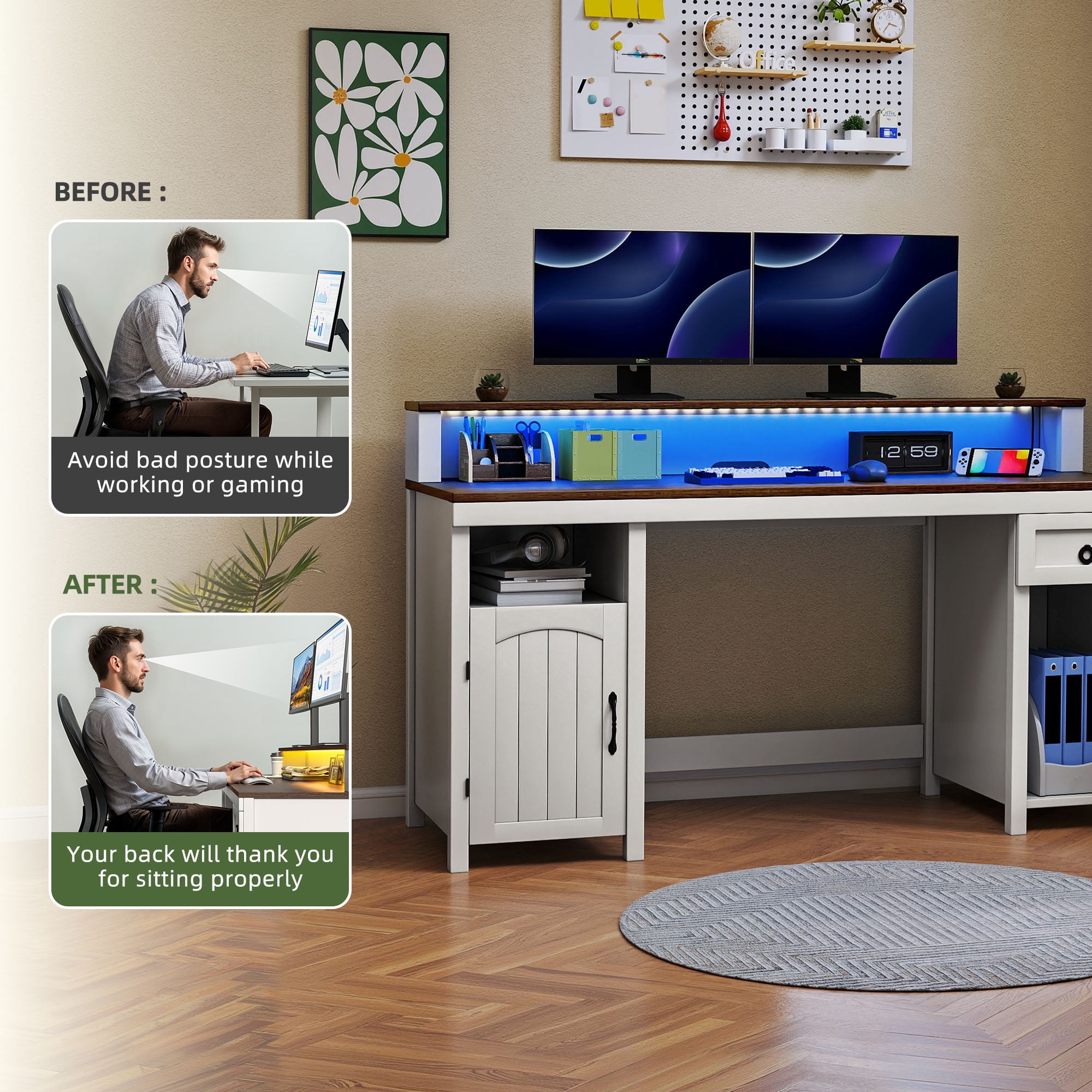 Uforic Office Computer Desk with LED Lights & Storage Shelves, Gaming Desk with Drawer & Door, White