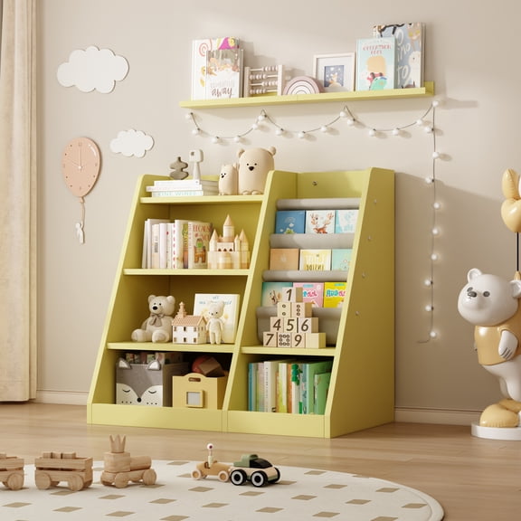 Yellow Wooden Toy Storage Organizer Cabinet Kids Bookshelf  Children Bookcase Toddler Baby Sling Book Rack Shelf for Playroom Bedroom Nursery Hallway School Kindergarten Living Roomy