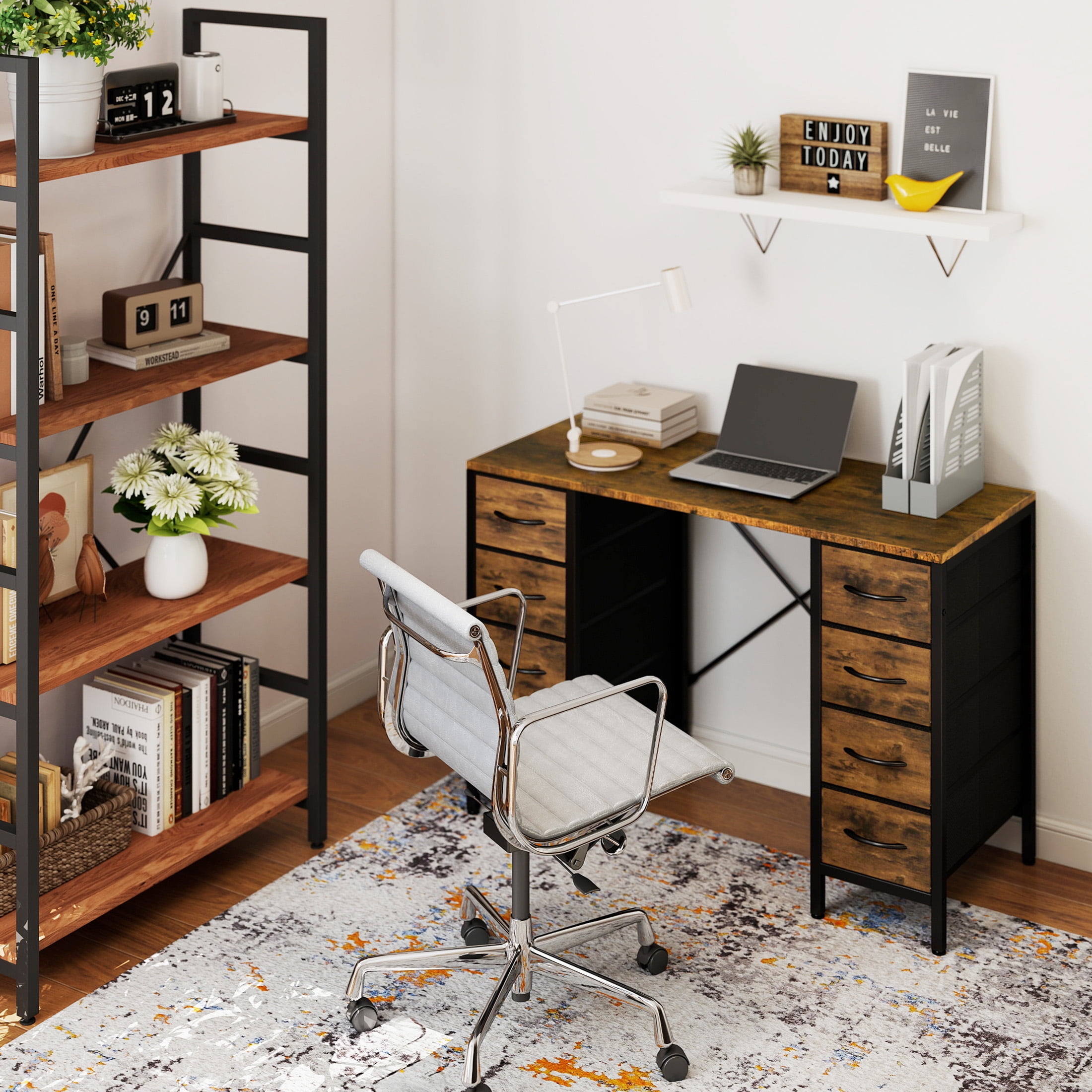 EDX 47 Inch Computer Desk with 8 Fabric Drawer, Home Office Desk with Power Outlets, Large Storage,Rust