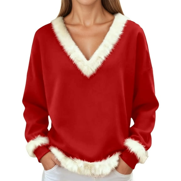KHONTS Christmas T Shirts for Women Xmas V Neck Trim Tees Casual Loose Sweatshirts Long Sleeve Pullover Tops Red XL