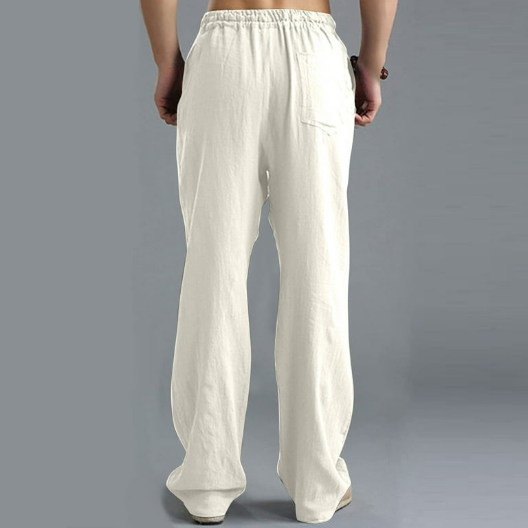 Mens Cotton Linen Drawstring Pants Elastic Waist Casual Jogger